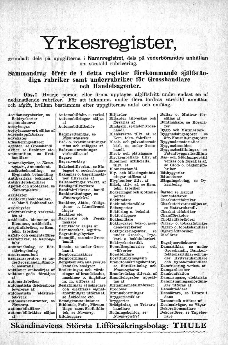 / Yrkesreglster,, I \ grundadt dels på uppgifterna i Namnregistret, dels på vederbörandes anhållan om särskild rubricering. ISa~~andrag öfver de i detta register f'örekommaq.de själfstän-.