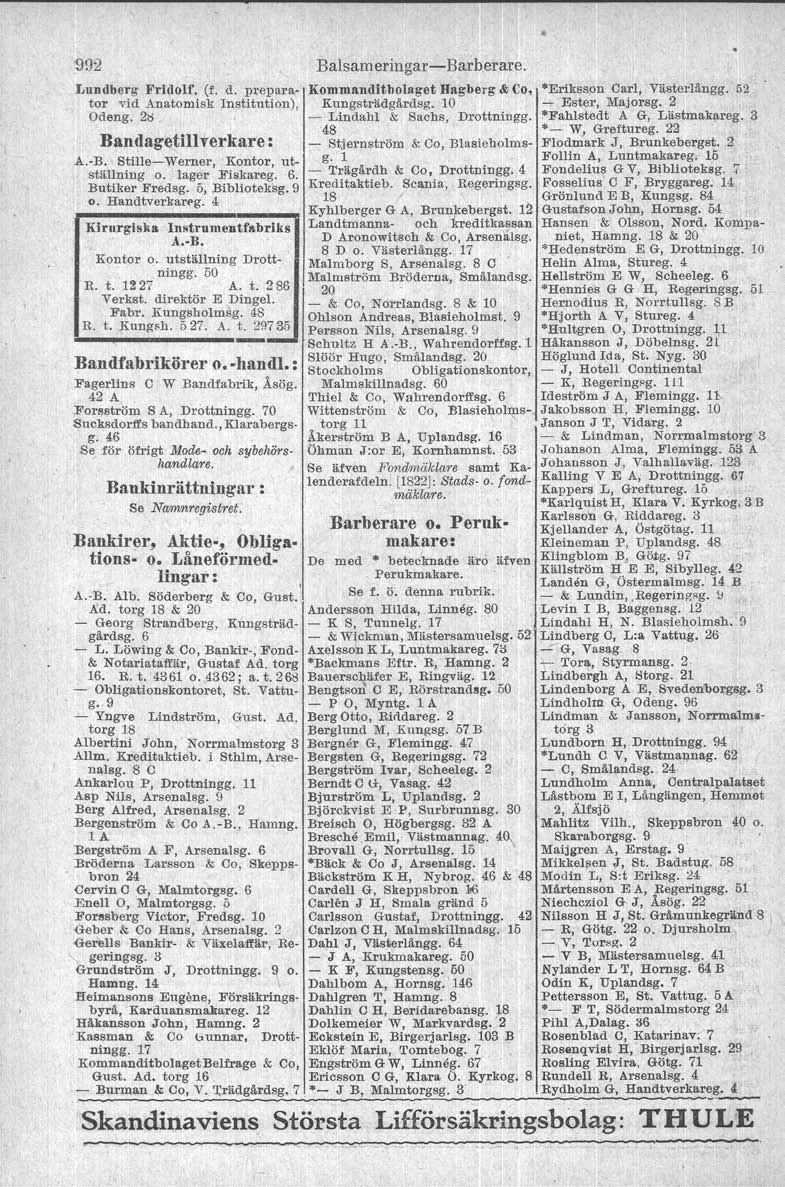 ~92 Lundberg Fri<lolf. (f. d. preparator vid Anatomisk Institution), Odeng. 2,; Bandage~illverkare : A.-B. Stille-Werner, Kontor, utställning o. lager Fiskareg. 6. Butiker Fredsg. 5, Biblioteksg.9 o.