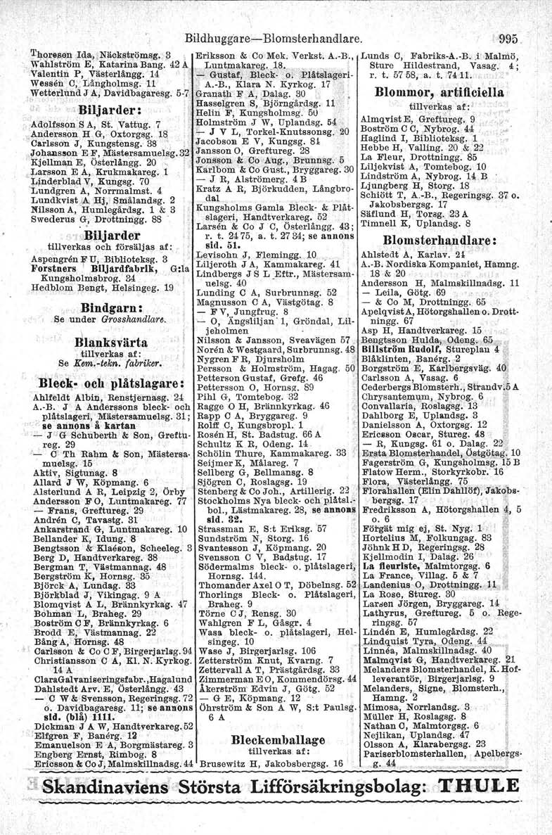 Bildhuggare-Blomsterhandlare. i 995. Tqo~'llen ~<j.a".nlickst~ömsg. il " Eriksson & '00 Mek. Verkat, A.-B'., Lunds C,. Fabr-iks-å i-b;,i"malmö, Wahlst~öm E, Katarina Bang. 42 A Luntmakareg. ),8.