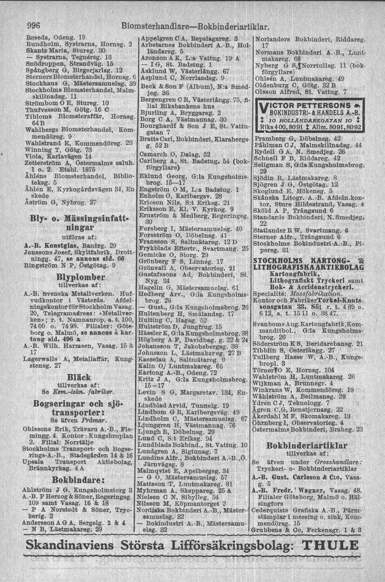 996 Reseda, Odeng. 19 Rundholm, Systrarna, Hoznsg. 2 Skantz Maria, Stureg. 30 - Systrarna, Tegnersg. 13 Snödroppen, Strandväg. 15. Spångberg G, Birgerjarlsg. 12 SternersBlomsterhandel, Hornsg.