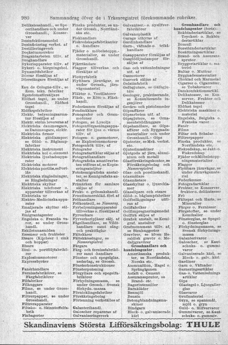 980 Sammandrag öfver de i Yrkesregistret förekommande rubriker. Delikatesshandl., se Spe- Finska produkter, se un- Galvaniser.- o. riysflfver- I Grosshandlare och cerihandlareoch under d~r Grossh., N?