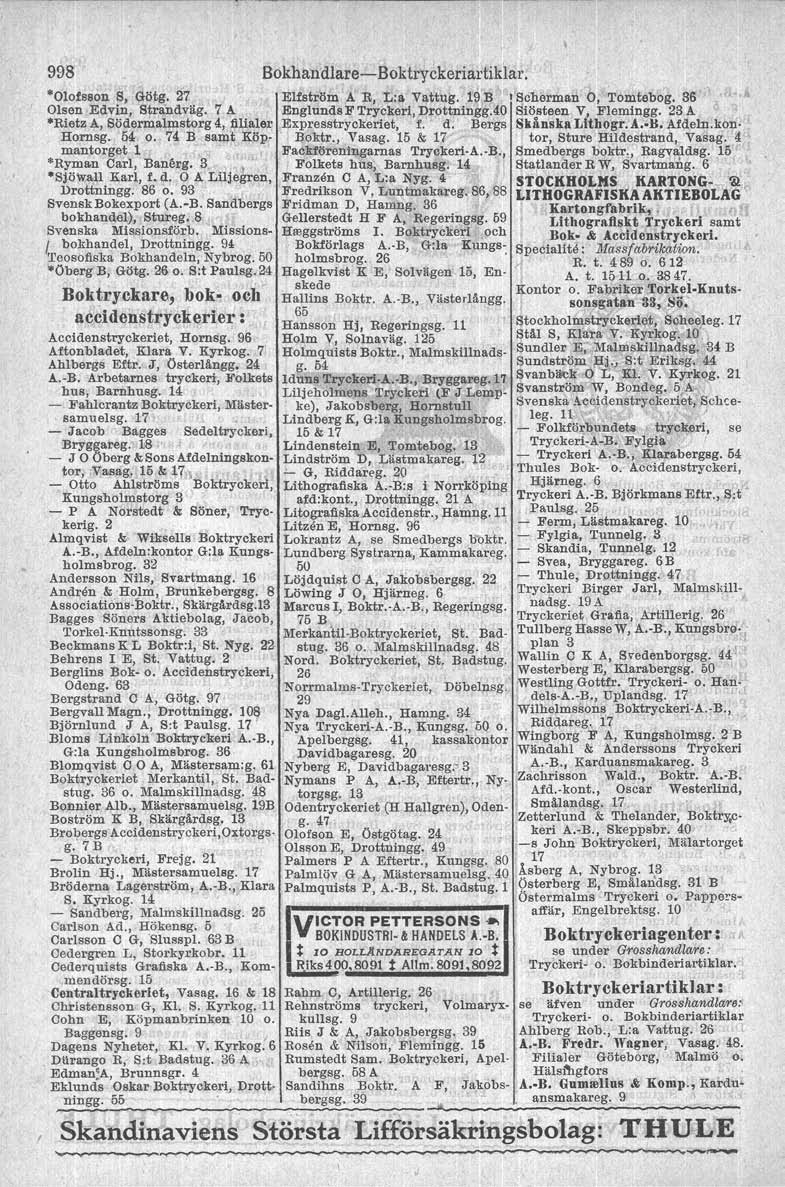 998 "Olofsson S, Götg. 27 Olsen Edvin, Strandväg. 7 A "Rietz A, Södermålmstorg 4, filialer Homsg. 54 0. 14 B sai!it Köpmantorget l. *Ryin n Carl, Banärg. 3, 'l "SjöwAll Karl, f. d.
