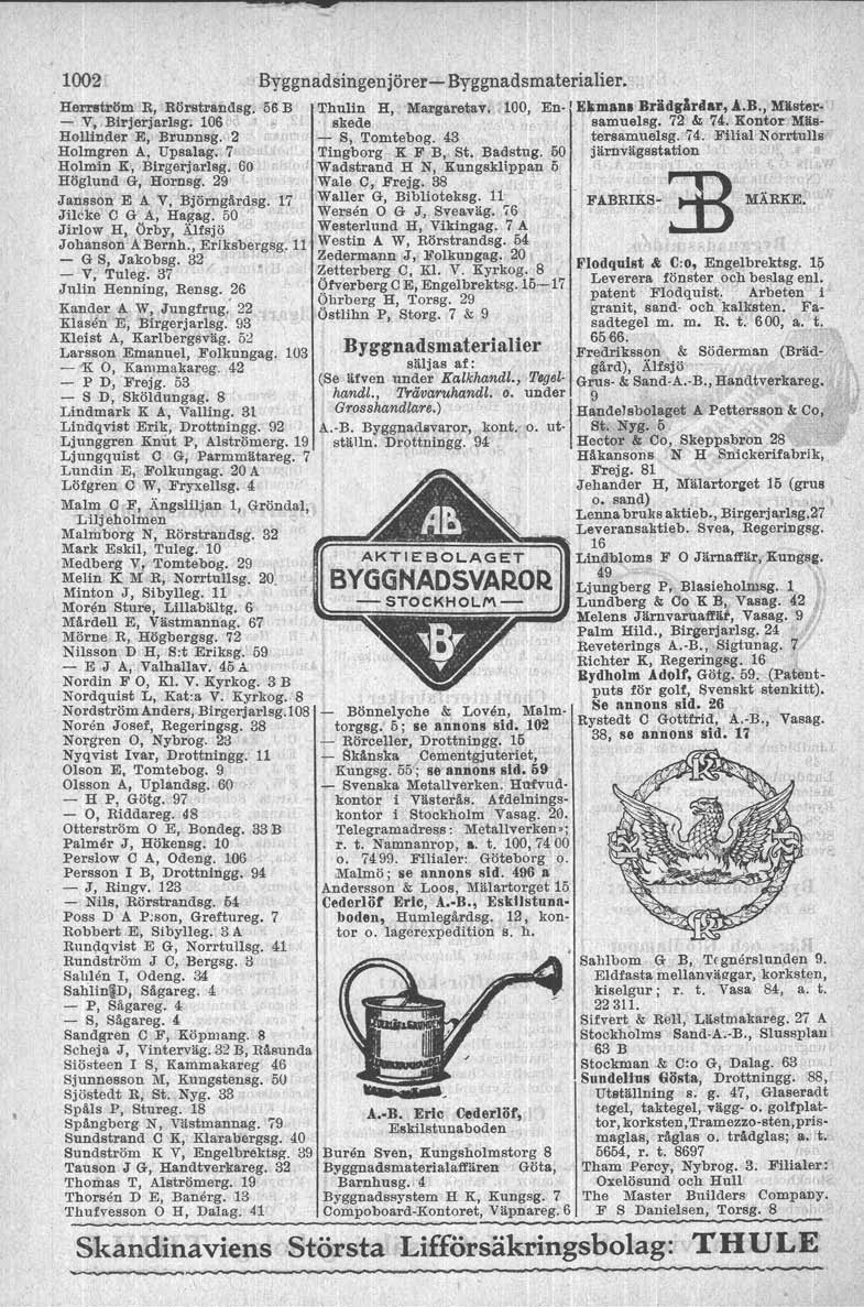 1002 Hel'1'lltröm R, Rö1'lltrandsg. 56 B - V,.Birjerjarlsg. 106 '\> Hollinder E, Bnunnsg. 2 Holmgren A, Upaalag. 7 Holmin K, Birgerjllrlsg. M. Höglund G, Hornsg, 29 Jansson E A V. BjÖrngårdsg.