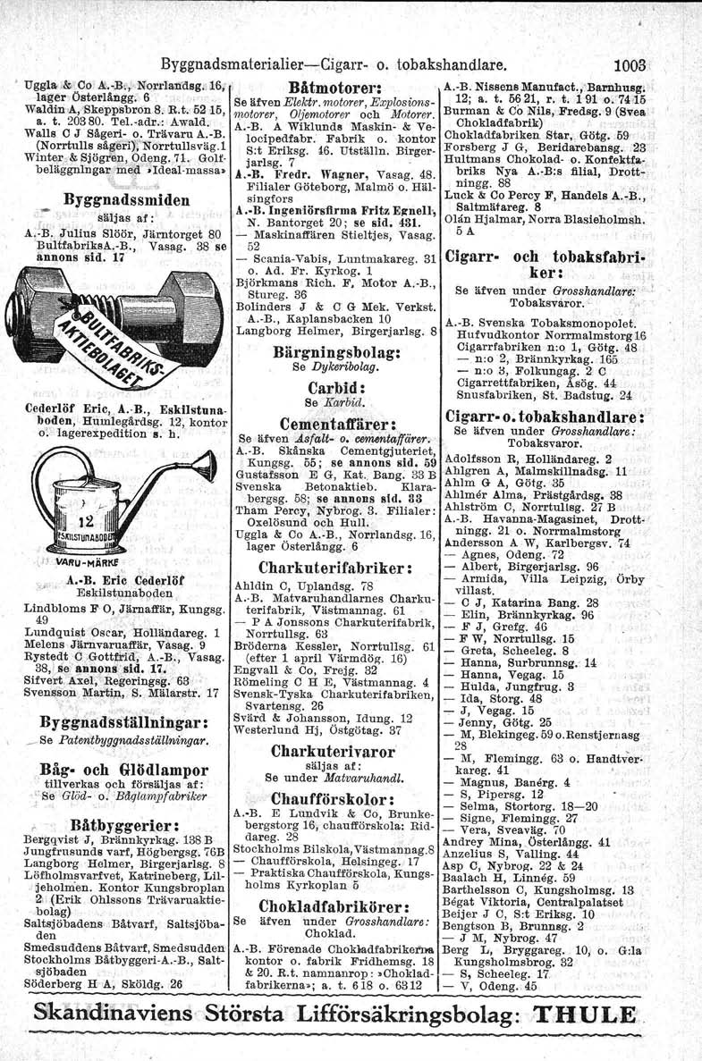 Byggnadsmaterialier-Cigarr- o. tobakshandlare. 1003 Uggla.-&,'Co &-B,, Norrlanl'lsg.. 16; Båtmotorer: A.-R Nissens Manufact.,'Barnhusg, -lager Östezlångg:' 6 Se äfven Eleki».