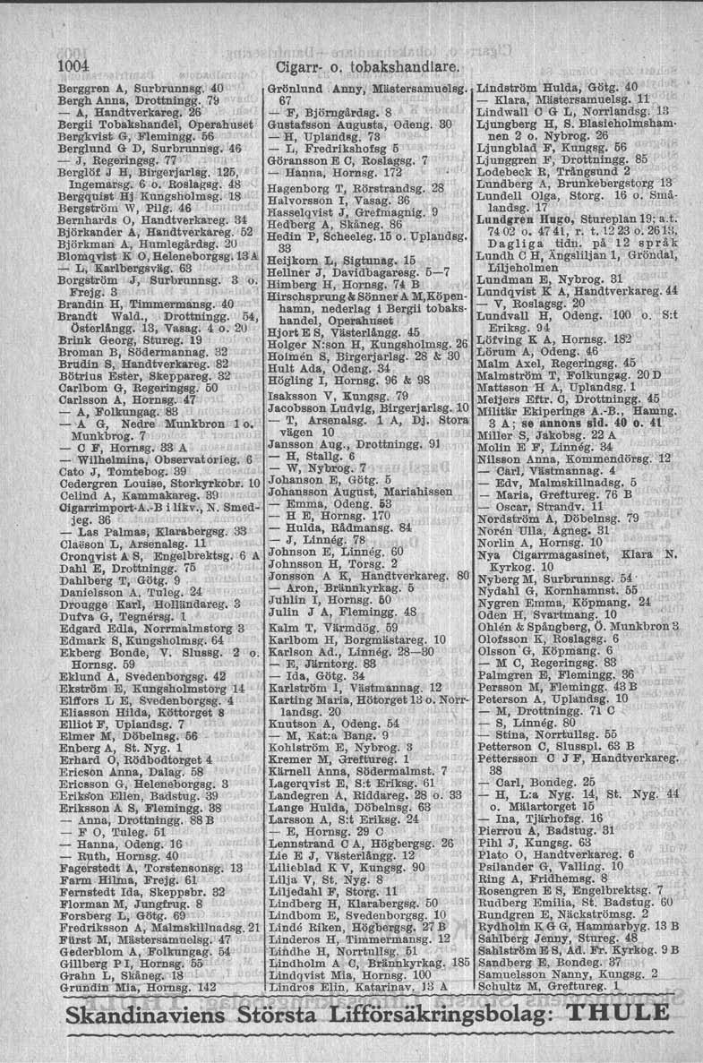 1004 Cigarr-,0, tobakshandlare. Berggren A, Surbrunnsg<. 40 Grllnlund "Anny, Mlistersamuelsg. Lindstrllm Hulda, Glltg. 40 Bergb Anna, Drottningg., 7~ 67 - Klara, Mlistersamuelsg.