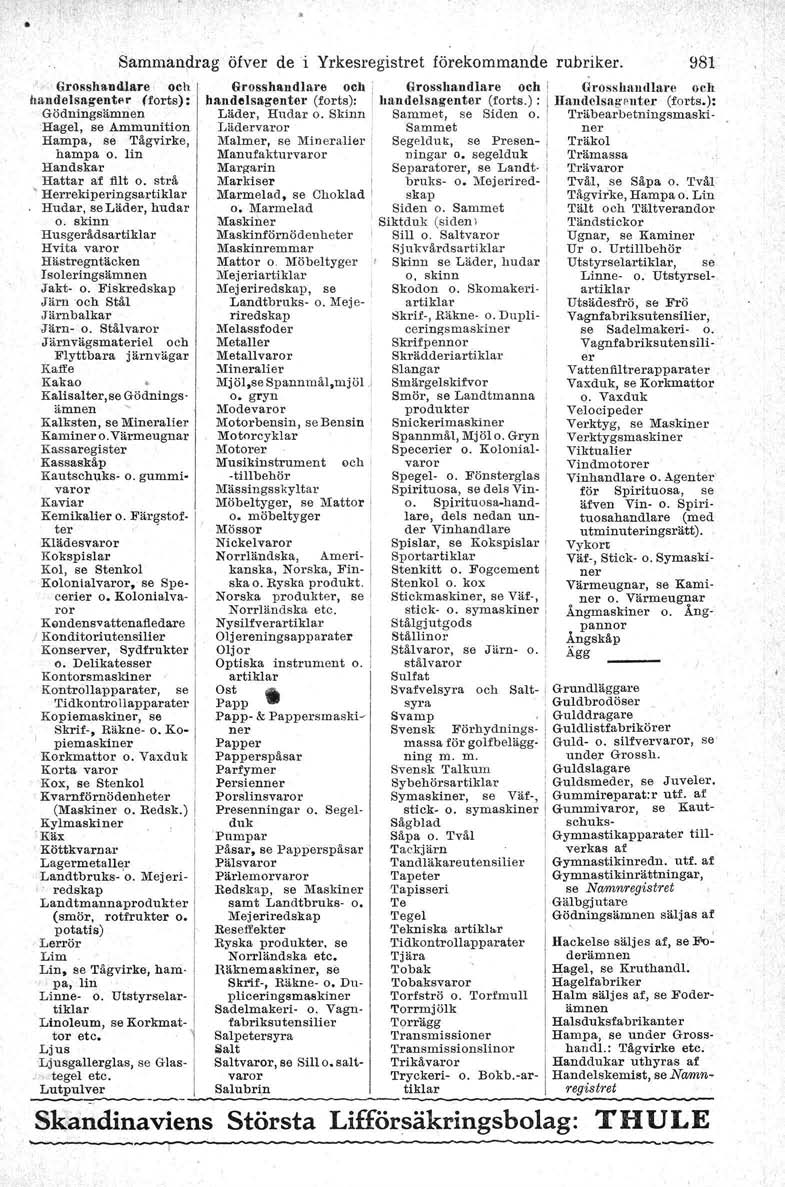 Grosshandlare och hundelsngente r (forts): Gödningsämnen Hagel, se Ammunition Hampa, se Tågvirke, hampa o. lin Handskar Hattar af filt o. strå Herrekiperingsartiklar Hudar. se Läder, hudar Q.