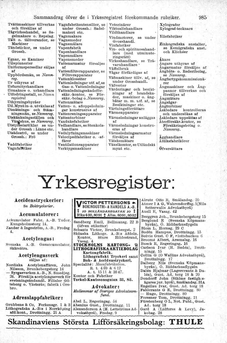 Ugnar, se Kaminer Ullspinnerier Uniformspersedlar säljas af Uppbördsmän, se Nasnnreg. Ur uthyras af Urfurnityrhandhtre Urmakare o. urhandlare Uttodringsstajl, se Nam-n. registret Uthyrningsbyråer Utl.