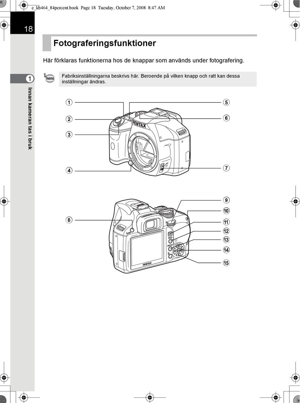 förklaras funktionerna hos de knappar som används under fotografering.