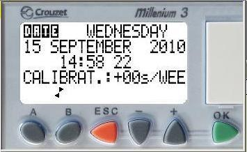 Programversion 12.004 3. Ställa in Värde 3.1 Datum och Tid För att ställa in Datum och Tid måste Millenium stå i Utgångsläge. Håll in OK sen ESC samtidigt och displayen ser ut enligt Bild 1.