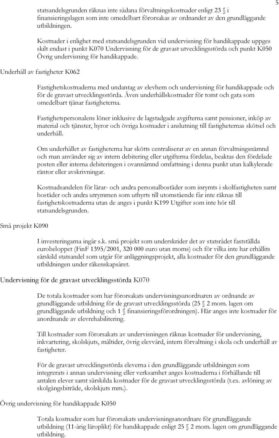 handikappade. Underhåll av fastigheter K062 Små projekt K090 Fastighetskostnaderna med undantag av elevhem och undervisning för handikappade och för de gravast utvecklingsstörda.