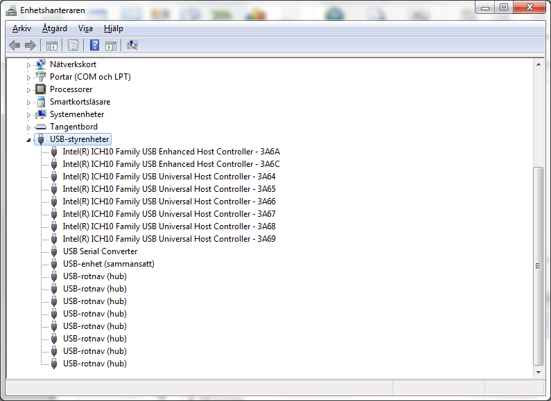 Klicka på enhets- Hanteraren. Nu öppnas ett fönster med alla enheter. Klicka på USBstyrenheter.
