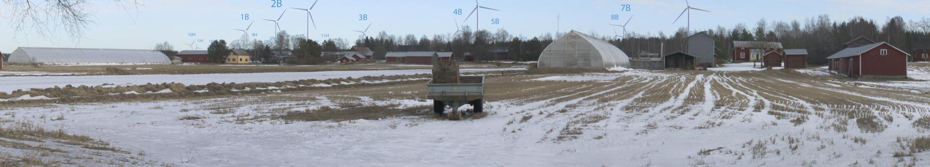 MILJÖKONSEKVENSBESKRIVNING 85 / 234 Figur 47. Noggrannare tolkning av synlighetsanalysen i byn Rangsby. Den färgade linjen anger gränsen för det område där sikten huvudsakligen är skymd.