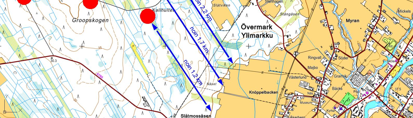 MILJÖKONSEKVENSBESKRIVNING 92 / 234 Figur 57. Teoretiskt bildpar som åsködliggör hur placeringen av kraftverken påverkar den horisontella landskapsbilden.