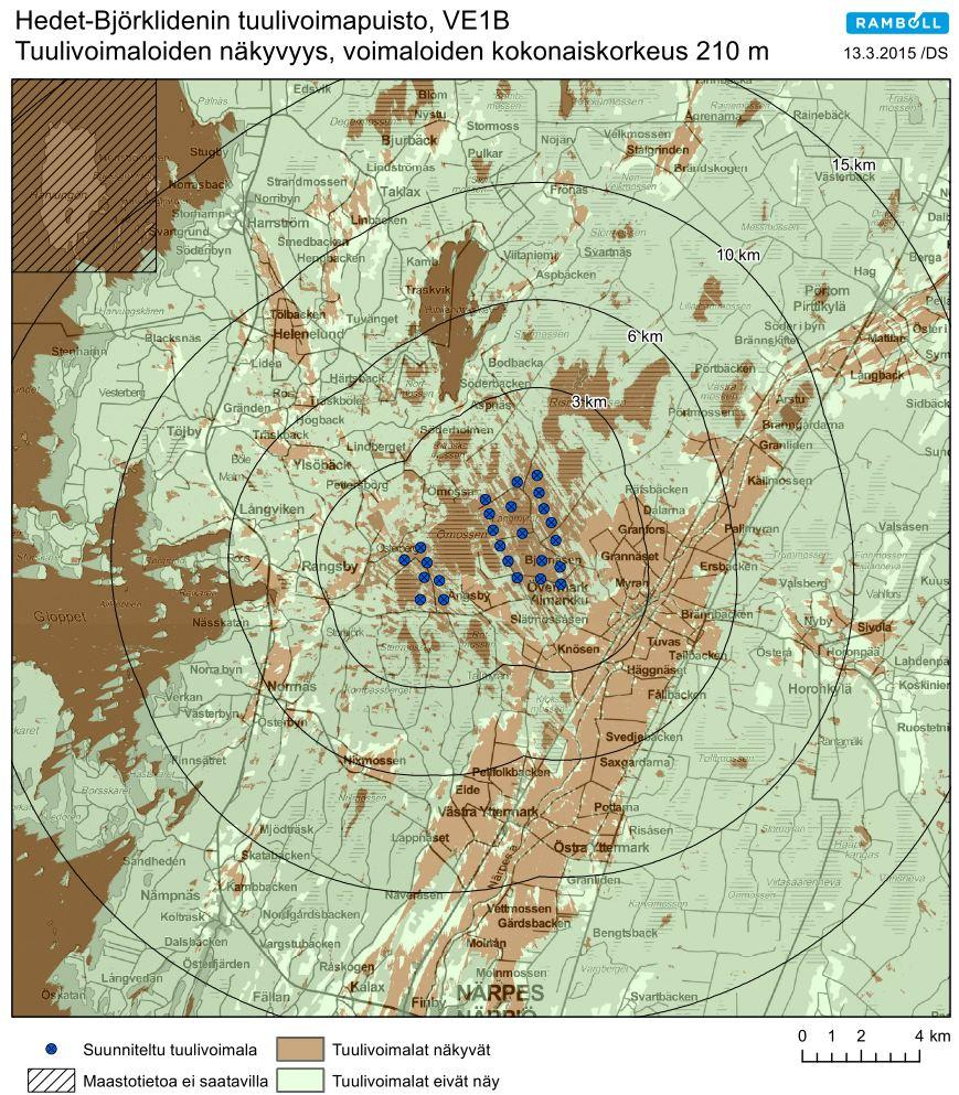 MILJÖKONSEKVENSBESKRIVNING 74 / 234 Hedet-Björklidens vindkraftspark, ALT 1B Vindkraftverkens synlighet, kraftverkens totalhöjd 210 m