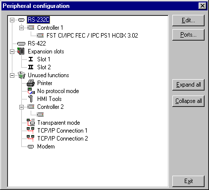 Connecting the operator terminal to the controller Communication setup The settings for the communication between the terminal and the controller are made under Setup/Peripherals.