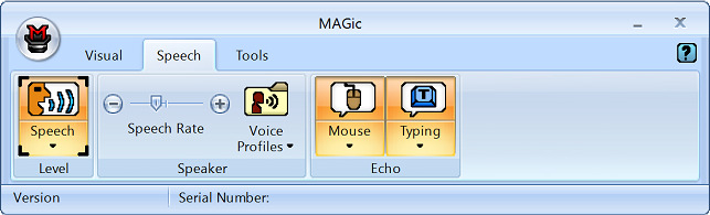 Tal flik och knappar Nedan visas Tal fliken. Använd den för att snabbt kontrollera och justera Magics talstödsfunktioner.