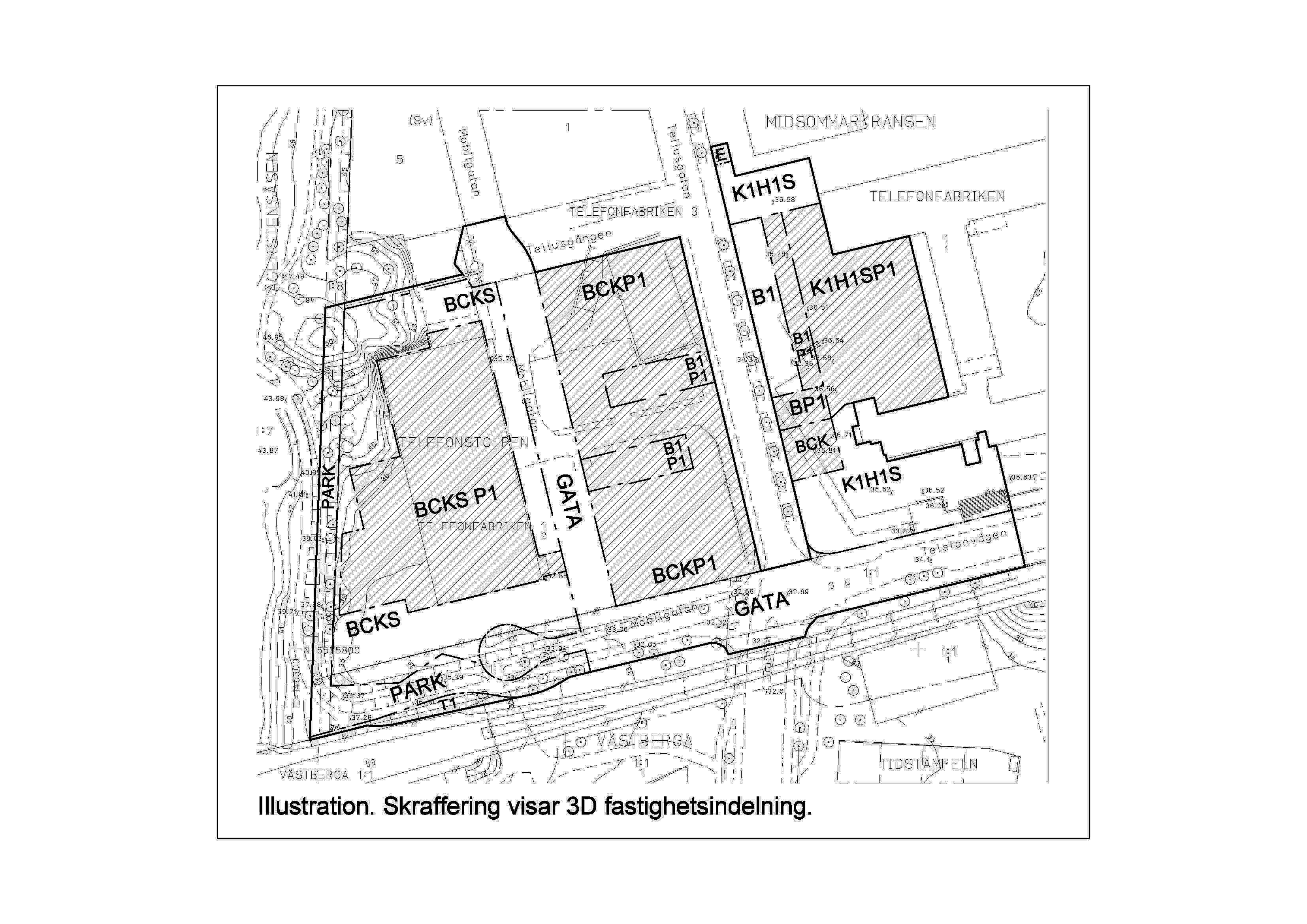 DNR 2010-02062 SID 5 (6) Illustration. Skraffering visar möjlig 3d fastighetsbildning för garage respektive kontor Rättigheter Beroende på hur de nya fastigheterna indelas kan t.ex.