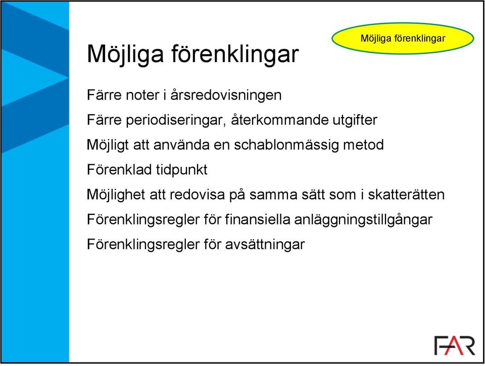 metod Förenklad tidpunkt Möjlighet att redovisa på samma sätt som i skatterätten