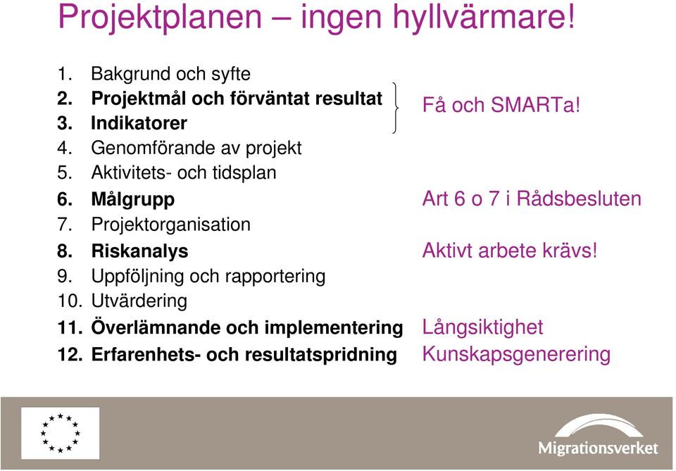 Målgrupp Art 6 o 7 i Rådsbesluten 7. Projektorganisation 8. Riskanalys Aktivt arbete krävs! 9.