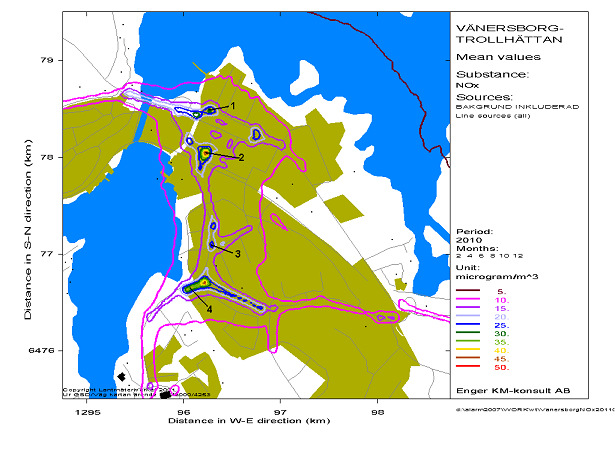 Figur 6 Resultat från en spridningsberäkning av NOx i Borås. I Vänersborgs tätort har mätningar skett på fyra olika platser; 1) Drottninggatan, 2) Edsgatan, 3) Lyckhemsgatan och 4) Gropbron.