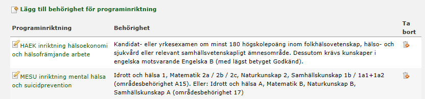 Fylla i behörigheten för program som: har inriktningar och där behörigheten är olika för alla eller några utav inriktningarna 1. Klicka på Lägg till behörighet för programinriktning. 2.