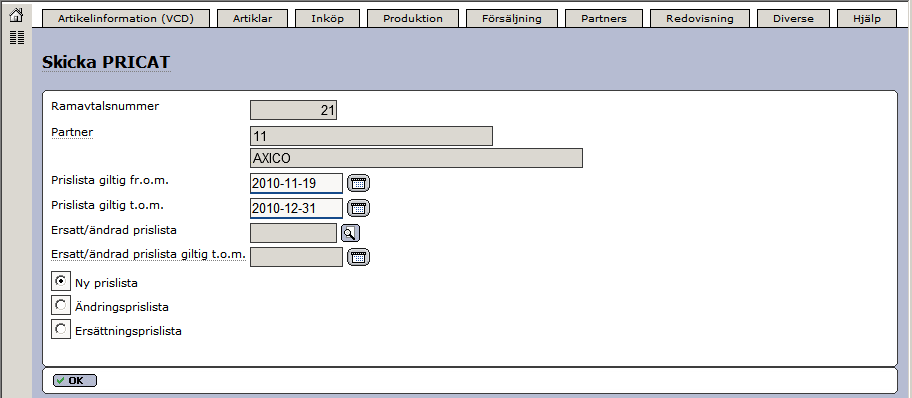 Senast uppdaterat: 11-09-20 Exder eprinter Axfood ESAP 20.1 v1.5 Sida 9 av 14 I exemplet ovan kan vi se att listpriset är satt till 1200 kr och kontraktspriset är 1175 kr. 3.5.2 Skicka prislista Ni klickar på länken Skicka prislista >> för att skapa och skicka iväg prislistan.