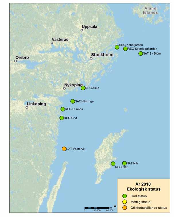 Bilaga 4. Karta ekologisk status i Egentliga Östersjön Figur D. Ekologisk status av bottenfauna i Egentliga Östersjön år 2010.