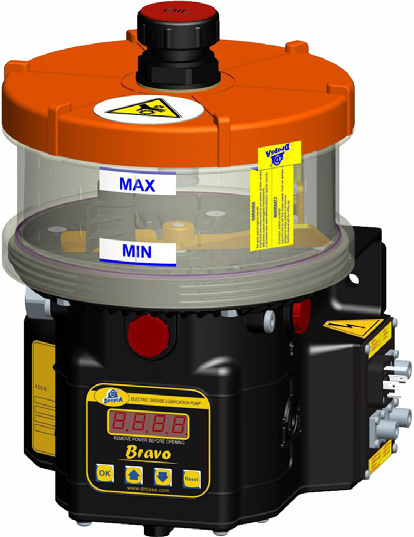 BRAVO CENTRALSMÖRJPUMP FETT 25-100X Pump för fett med pumpelement och nivåvakt, inklusive styrutrustning. 12/24V eller 110/230V med två, fem eller åtta liters behållare.