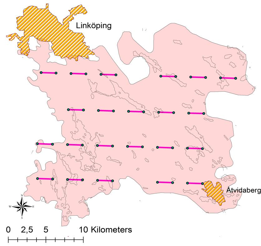 Figur 1: Karta över eklandskapet med de 22 tvåkilometerskorridorerna som inventerades syd-öst om Linköping. 3.