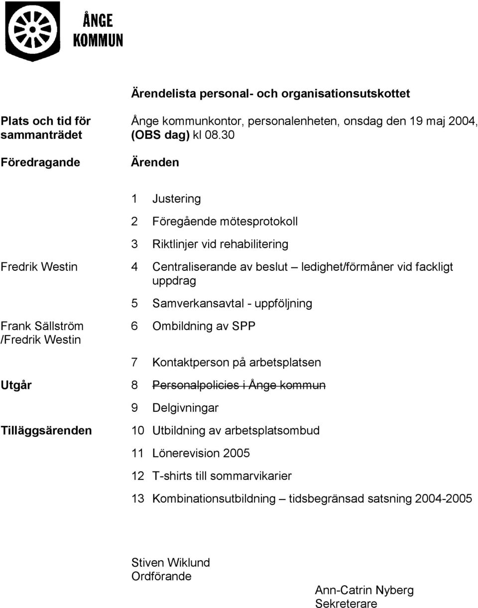 Samverkansavtal - uppföljning Frank Sällström /Fredrik Westin 6 Ombildning av SPP 7 Kontaktperson på arbetsplatsen Utgår 8 Personalpolicies i Ånge kommun 9 Delgivningar