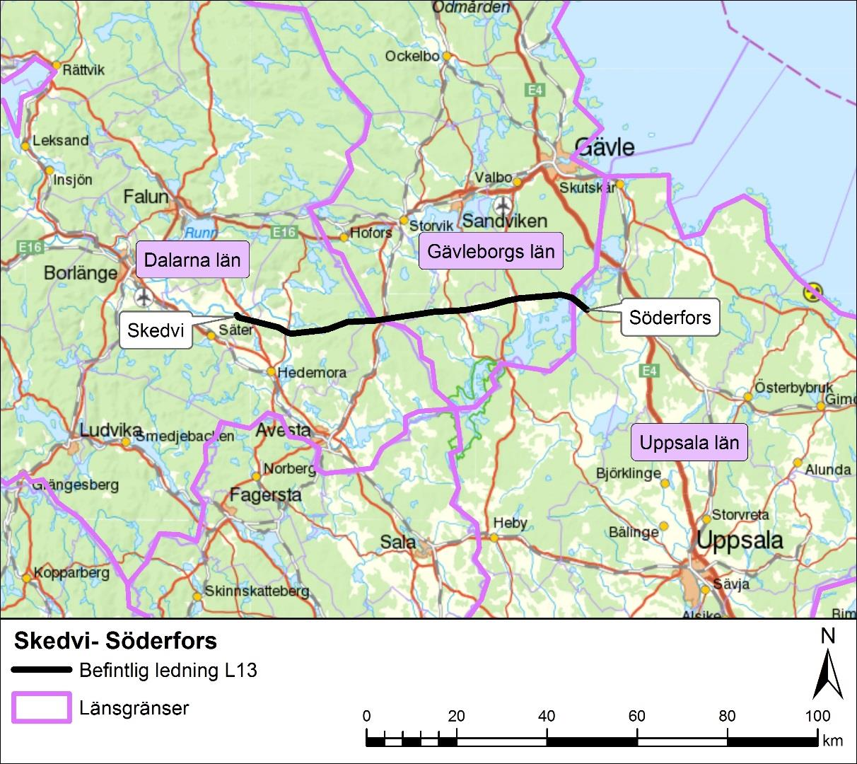 1 Inledning och bakgrund Ellevio planerar att ansöka om förnyat tillstånd, nätkoncession för linje, för en befintlig 130 kv kraftledning mellan Skedvi i Säters kommun i Dalarna län och Söderfors i