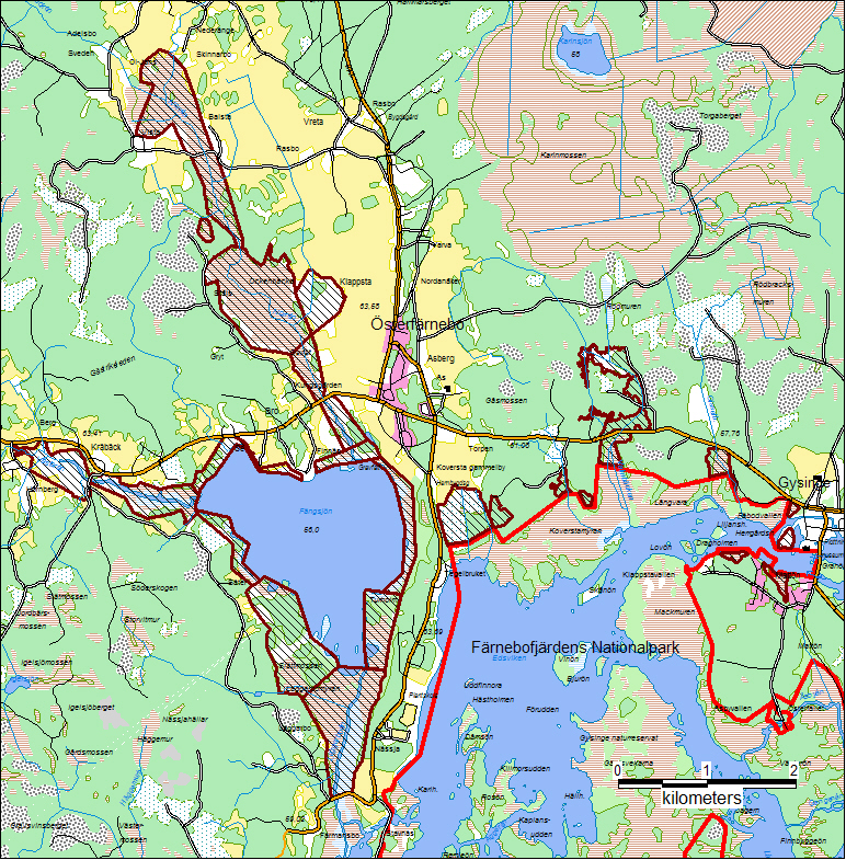 Karta 4. Österfärneboområdet (delområden: Västerån, Norrån, Fängsjön, Laggarboån och Ista). Streckade områden visar potentiella myggbekämpningsområden som inventerats på fåglar.