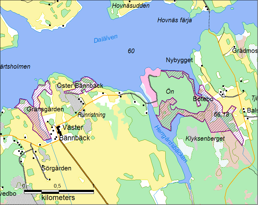 Karta 3. Bännbäck och Ön. Streckade områden visar potentiella myggbekämpningsområden som inventerats på fåglar. (Karta: Martina Schäfer, Biologisk Myggkontroll).