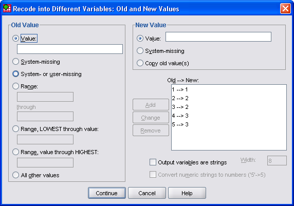 där man sedan väljer den ursprungliga variabeln, och i rutan för Output Variable anger namnet på den nya variabeln samt trycker på Change-knappen, varefter men trycker på knappen Old and New Values.
