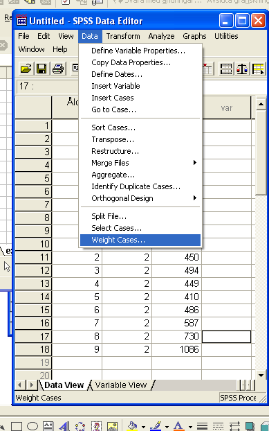 Ovanstående exempel är endast avsett för att demonstrera strukturen på data i tabellform. I praktiken är det knappast motiverat att överföra en tvådimensionell tabell från Excel till SPSS.