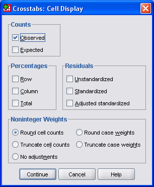 Korstabeller åstadkoms i SPSS genom att man från menyn Analyze väljer Descriptive Statistics -> Crosstabs, varefter man i den följande rutan anger