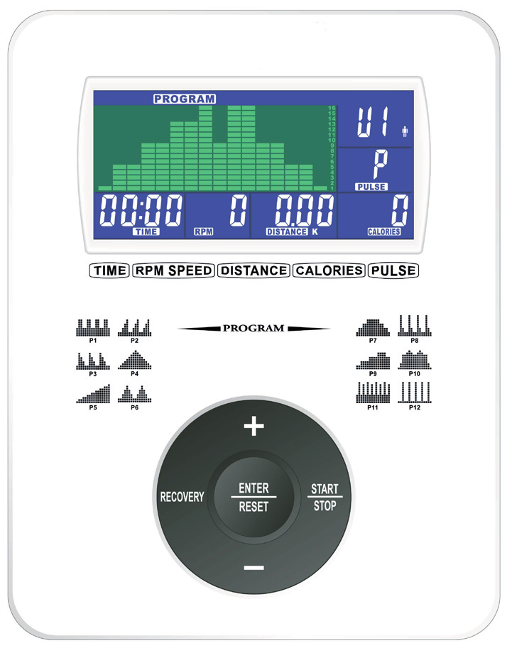 DATOR Datorns funktioner TIME: DISTANCE: RPM: WATT: SPEED: CALORIES: PULSE: TARGET (H.R.C): USER DATA: RECOVERY: Visar tränad tid.