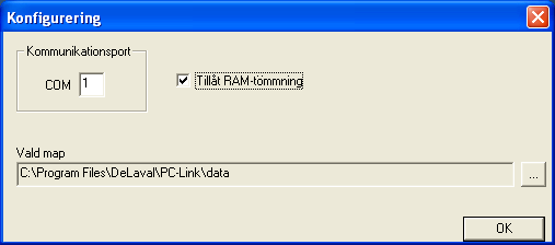 Handhavande Här kan du byta kommunikationsport och mapp för datafiler. Du kan också aktivera RAM-dump. Aktivera RAM-dump Obs!