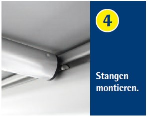 Uppsättning av taket (steg 3-5) ROLLI PREMIUM, MONTERINGSANVISNING Öppna blixlåset på påsen Tag ut stativdelarna, sortera dem och lägg dem lätt åtkomliga Rulla ut markistaket Skruva ut tapparna på