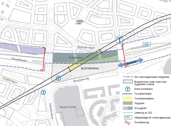 10(13) Strategisk utveckling TJÄNSTEUTLÅTANDE 2016-03-24 Ärende/Dok. id. TN 2015-0992 Infosäk. klass K1 (Öppen) Figur 8 visar Alternativ 5 med bussterminal i höjd med Värmdöleden (väg 222).