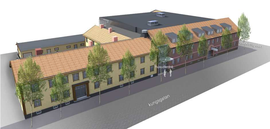 4(11) Den vinkelformade träbyggnaden är sammanbyggd med tegelbyggnaden och länkad via en klimatskyddad gångbro till den gamla lantmäteribyggnaden vid Storgatan.