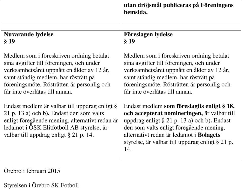 Rösträtten är personlig och får inte överlåtas till annan. Endast medlem är valbar till uppdrag enligt 21 p. 13 a) och b).