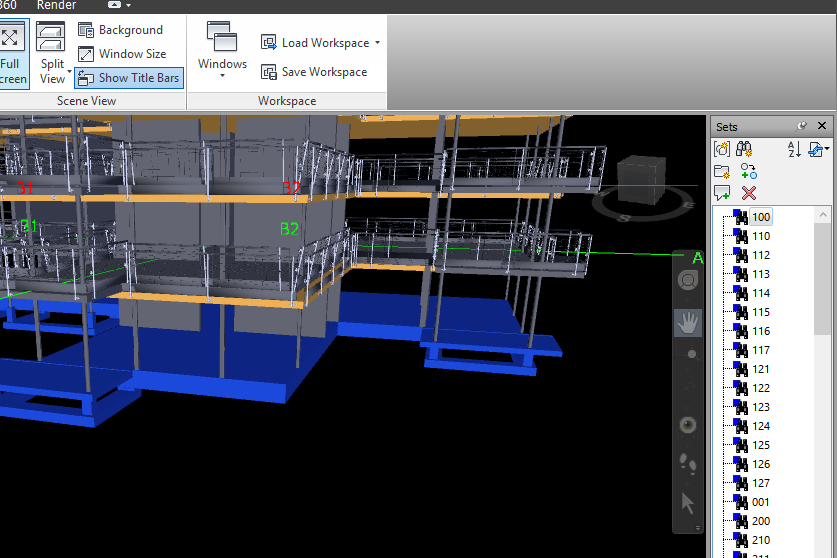 Figur 7 Sets i Navisworks (Skärmdump från programvara) Det finns också en sökfunktion i programmet där det går att söka på allt i modellen.