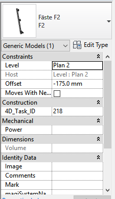 Figur 12 Task ID hos komponent i modellen Efter att allt var klart exporterades den bearbetade modellen till Navisworks för arbete med 4D-simulering. 3.2.2 Autodesk Navisworks När modellen laddats in från Revit till Navisworks var det första som gjordes att Sets sparades för alla byggdelar som sedan kan kopplas till tidplanen.