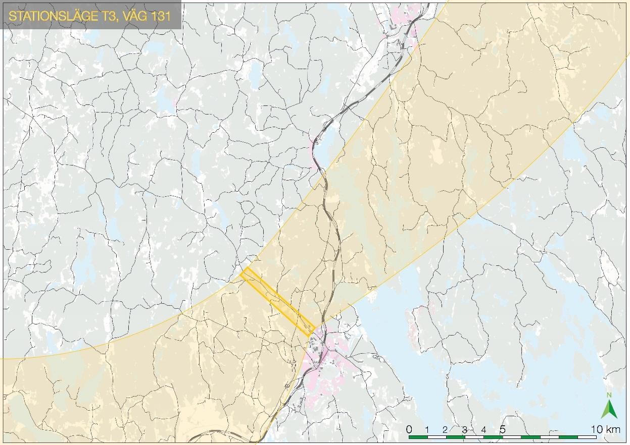 Princip stationsläge T3, väg 131 Enligt denna princip ligger höghastighetsstationen någonstans i anslutning till väg 131 nordväst om Tranås.