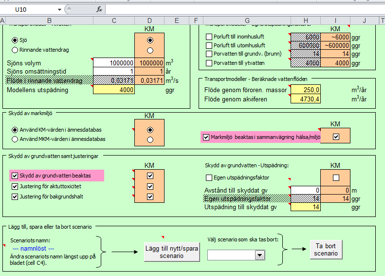 Inmatningsfliken du kan ändra i vita rutor/boxar (bruna är jämförelse, gula beräkningsresultat) Scenario standard KM- MKM Hämta först eget scenario.