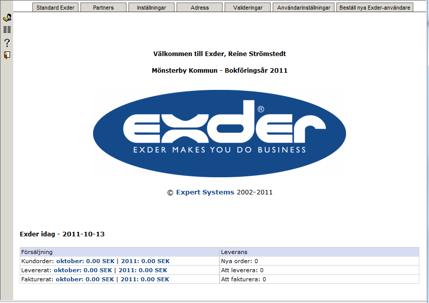 Senast Uppdaterad: 11-10-15 Exder FP admin Sida 5 av 31 Det här är startsidan för gränssnittet. Navigering sker via menyraden upptill och ikonerna till vänster. 3.3 Partners I Fakturaportalen har partner betydelsen av fakturamottagare, i det här fallet Mönsterby kommun.
