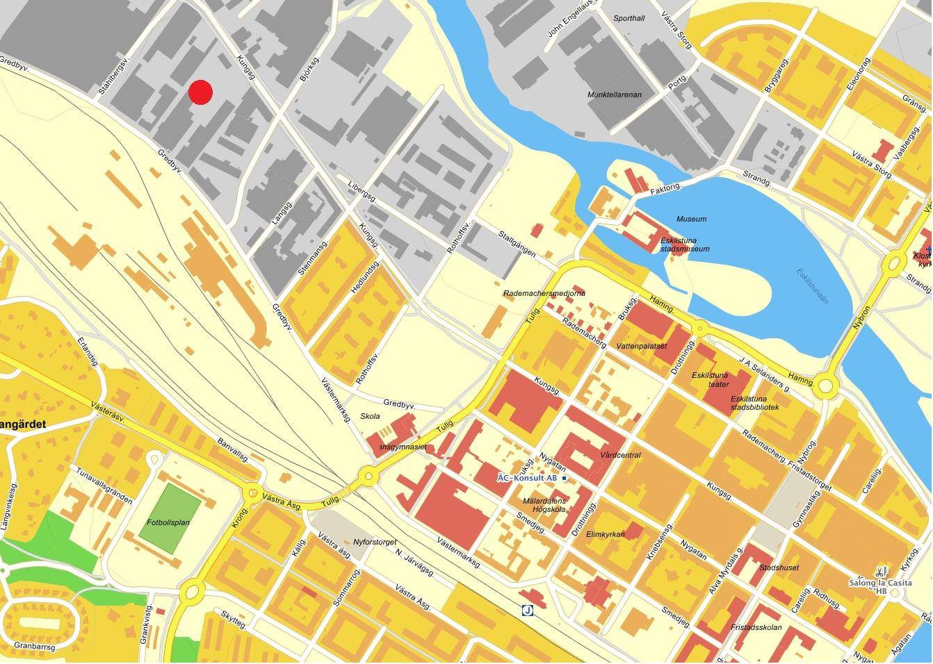 Lägesbeskrivning Den röda pricken markerar lokalens läge Lokalen är belägen på Väster längst Kungsgatan.