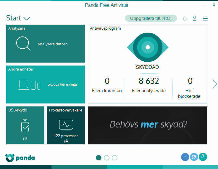 SÄKERHETSPAKET Panda Free Antivirus Mängden säkerhetshot ökar lavinartat. Det låter som en överdrift, men det dyker upp hundratusentals nya hot varje dag.
