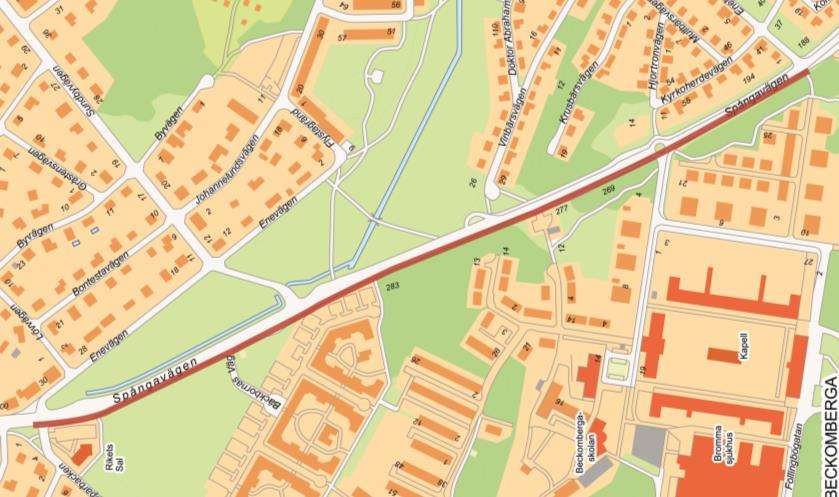 Sida 17 (23) Den aktuella sträckan längs Spångavägen mellan Enebyvägen och Enevägen. Den aktuella sträckan är en kilometer lång och sträcker sig mellan Enebyvägen i söder till Enevägen i norr.